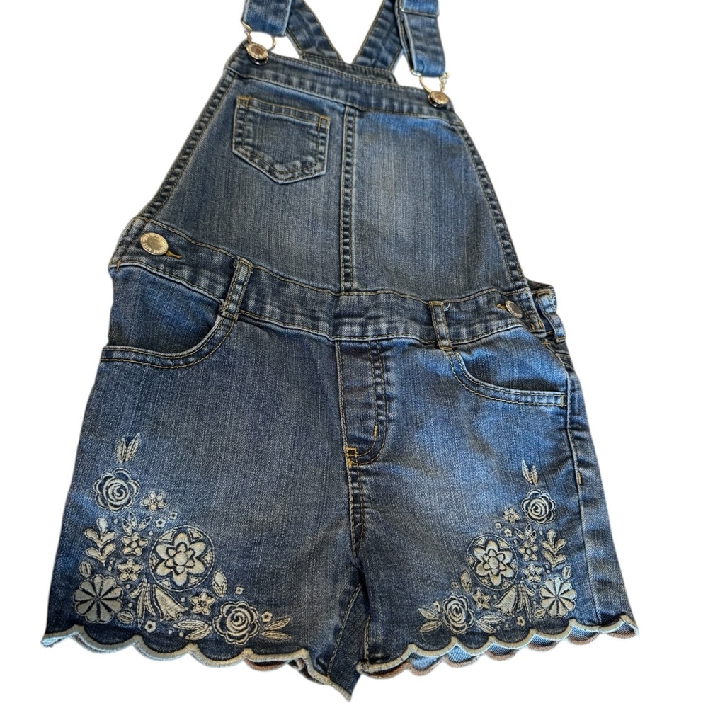Girls' Denim Blue Embroidered Short Overalls